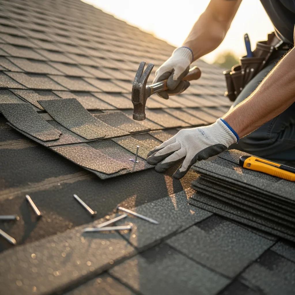 Contractor replacing damaged shingles during a roof repair process