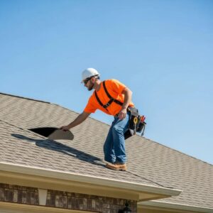 Professional roofing contractor inspecting a residential roof in Fayetteville