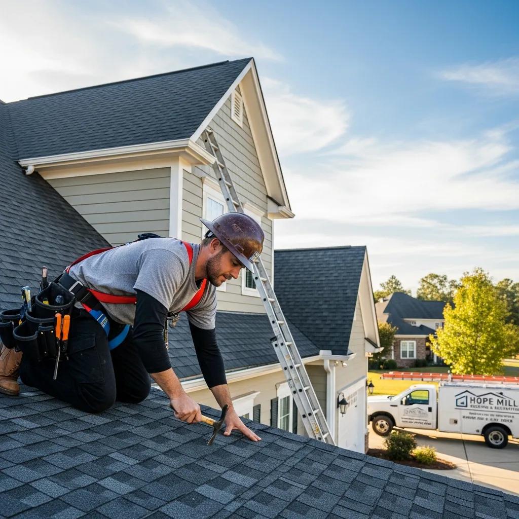 Professional roofing contractor inspecting a residential roof in Hope Mills, NC