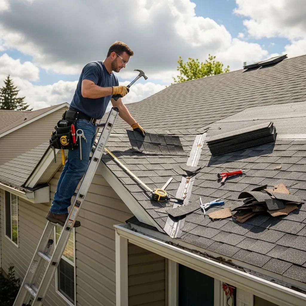 Roofing professional repairing a sloped roof by replacing damaged shingles