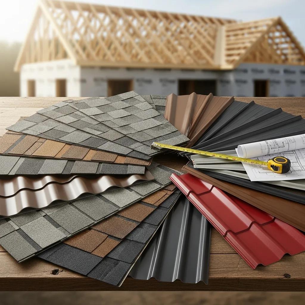 Various roofing materials including asphalt shingles and metal roofing samples